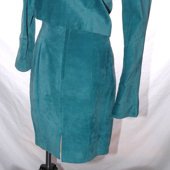 Suede Leather JACKET & SKIRT Dress 2 pc. Suit Set Aqua Teal Danier Womens M / 8 - Picture 5 of 9